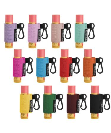Homakover 12 Pack Compact Clip-On Chapstick Holder Keychain in 12 Colors Lip Balm Sleeves with Clip Fits Most Standard Lip Balm Tight-Knit Elastic Lip Balm Keychain Holder Multicolor