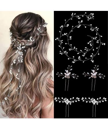 39.4 Inch Wedding Crystal Hair Vine for Bride  4 Pearl Hair Pins Hair Jewelry Hair Accessories Handmade Rhinestones Headpieces Wedding Hair Accessories for Bride Bridesmaids Prom Party