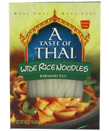 A Taste of Thai Wide Rice Noodles - 16oz Pack of 6 | Use in Stir-fries Soups & Stews | Great Side Dish or Vegan Meal | Gluten-free | No Preservatives | No Trans Fats | No MSG Wide 1 Pound (Pack of 6)