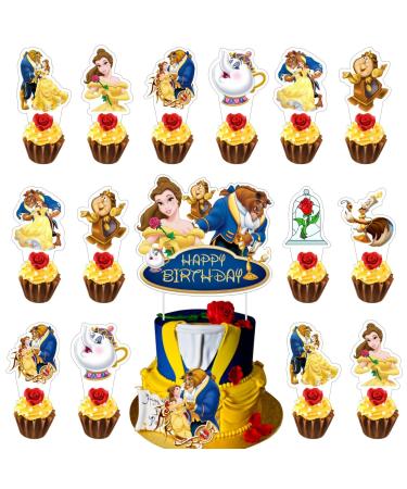 SKORDO 25pcs Beauty Party Decorations with 24pcs Beast Cupcake Toppers 1pcs Cake Topper for Belle Birthday Party Supplies