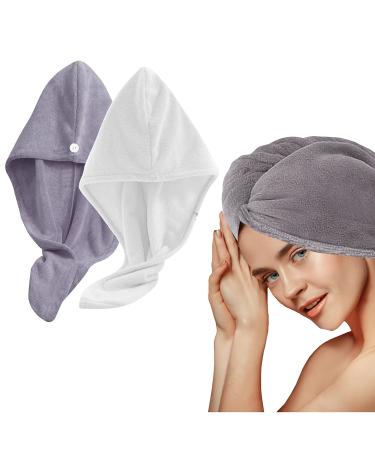 timn w Microfiber Hair Towel Wrap - Super Absorbent Turban Head Wrap for Rapid Drying for All Hair Types - 10 x 26 Hair Towel w/Button - Hair Care Gift Box for Girls/Women (Pack of 2) White - Gray 10x26 Inch (Pack of 2...