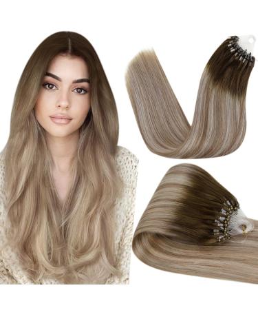 Hetto extensions real hair microring brown microring extensions real hair remy extensions microring real hair balayage darker brown to light brown with middle blonde 50g 3/8/22 45 cm 3-3 mr #3/8/22