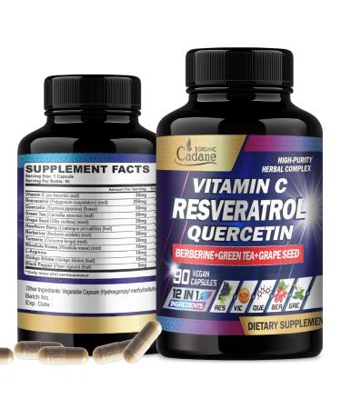 Organic Cadane Resveratrol Supplement - 12in1 Blended with VIT.C Quercetin Berberine Turmeric Green Tea & More - 90 Capsules 3 Month