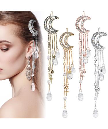 4 Pieces Rhinestone Moon Star Charm Hair Clips Crystal Beads Tassel Pins Moon Hair Clip Bridal Charm Hair Dangle Chain Hairpin Moon Jewelry Hair Accessories for Women Girls