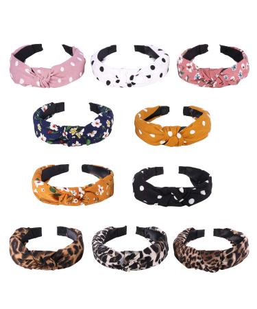 KHKINDPRO Leopard Print and Floral Knotted Headbands for Women and Girls 10 Pack Set Fabric Wrapped Plastic Fashion Hair Band Womens Head band