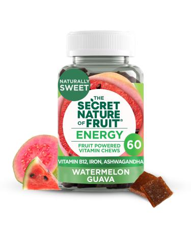 The Secret Nature of Fruit Energy Chews Real Fruit Powered Vitamin Chews with Vitamin B12 Iron Ashwagandha Watermelon & Guava for Long Lasting Energy (60 Count) Pink