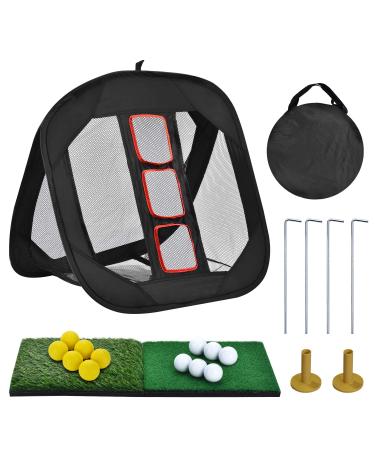 DURARANGE Pop-up Golf Chipping Net with Dual Turf Hitting Mat, 6 Driving Range Golf Balls, 6 Practice Foam Balls and Tees Combo, Target Swing Training Aids Backyard | Indoor | Outdoor Black Chipping Net