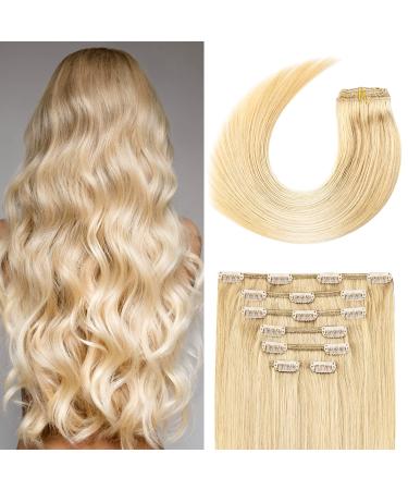 Clip in Hair Extensions 70G Bleach Blonde 100% Remy Human Hair Soft Silky Straight for Fashion Women 7pcs 16clips One Pack (20 Inch #613) 20 Inch Bleach Blonde