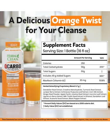 Herbal Clean Qcarbo16 Same-Day Detox Cleanse Drink (16 fl oz) - Orange Flavor Full Body Cleanse* Detox Drink for Moderate Toxin Level* Vitamin B2 and Vitamin B12 for Men & Women - Buy Online on GoSupps.com