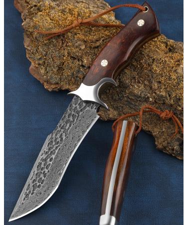 Omesio High quality damask hunting knife Damast steel survival knife outdoor damask knife with vagina Japanese style m- (damast steel) brown