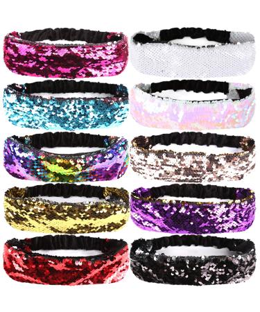 Sequins Headbands for Girls, YGDZ 10pcs Kids Girls Glitter Headbands Elastic Headbands Hairband Sport Head Band Party Favors(1.8 Inches Wide)