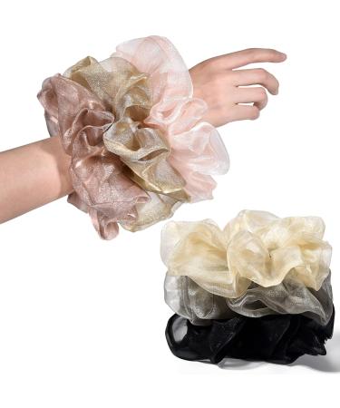 XL Big Organza Scrunchies Large Silky Hair Ties – CEELGON Oversized Satin Scrunchie 7inches Super Stretchy Hair Scrunchies for Thick Hair Elastic Jumbo Bling Hair Ties 6 Pack(Black,Pink,Champagne,Gold, Purple,Grey) Assorted 1