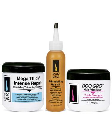 Doo Gro Mega Thick Intensive Repair 16oz with Stimulating Growth Oil 4.5 fl. oz & Hair Vitalizer Triple Strength 4oz