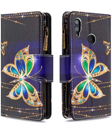 Miago 9 Card Slots Leather Wallet Case for Huawei Y6 2019 - Colorful Zip Flip & Diamond Butterfly Design - Buy Online on GoSupps.com