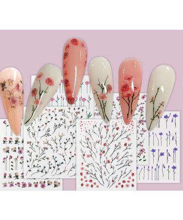 CHANGAR 6 Sheets Flowers Nail Art Stickers Self-Adhesive Colorful Spring Blossoms Floral Nail Decal Flower Leaves Sticker Charm Nail Design for Women Girls Nails Art DIY Decoration