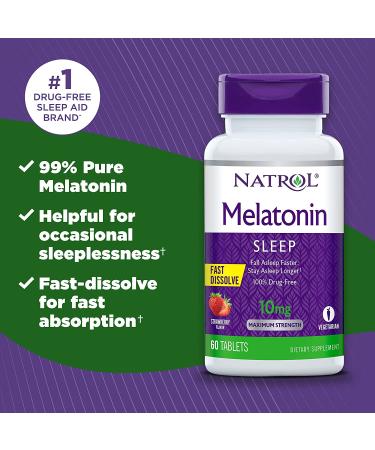 Natrol Melatonin Fast Dissolve Tablets 10mg 60 Count - Fall Asleep Faster, Stay Asleep Longer, Strengthen Immune System | Strawberry Flavor, Maximum Strength - Easy to Take - Buy Online on GoSupps.com