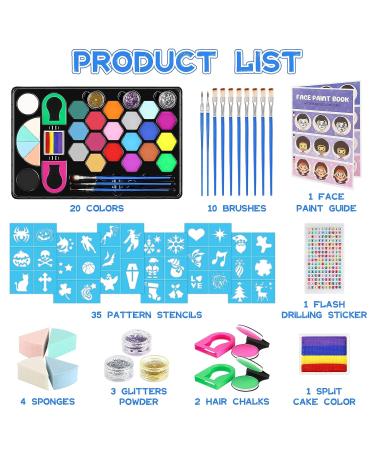 40-Piece Kids Face Paint Kit | 20 Colors with Stickers, Brushes, Sponges & Split Cake | Professional Face Painting Set - Buy Online on GoSupps.com