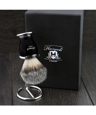 Men's shaving brush badger hair silver tip black metal base and stainless steel brush stand
