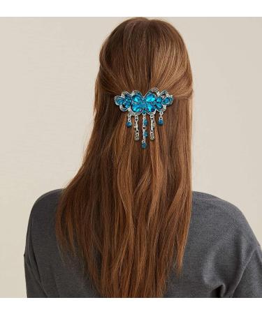 2 Pcs Butterfly Flower Tassel Hair Barrettes | Large Rhinestone Hair Clip Set | Vintage Crystal Sparkly Hair Clasps | Blue Purple Hair Accessories for Women - Buy Online on GoSupps.com