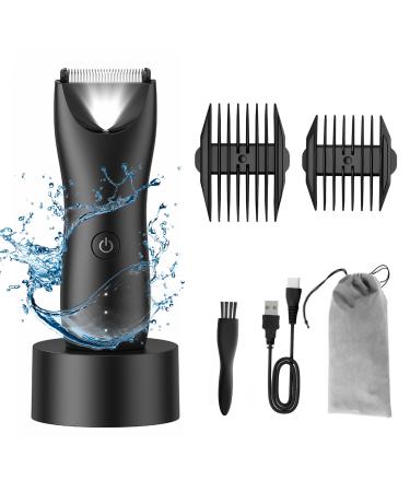 Body Hair Trimmer for Men Ball Trimmer Set with Head Spotlight Safety Ceramic Blades Waterproof Groin Hair Trimmer for Men with Three Segment Power Display USB Charging Base (Black)