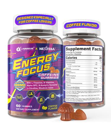 Energy & Focus Gummies with 100mg Caffeine Anhydrous for Gamers Workers Weekend Warriors Hakkue Brain Supplement + L-Theanine B12 & B6 Boosts Fast Energized Concentration Reaction Speed 1Pack 60 Count (Pack of 1)