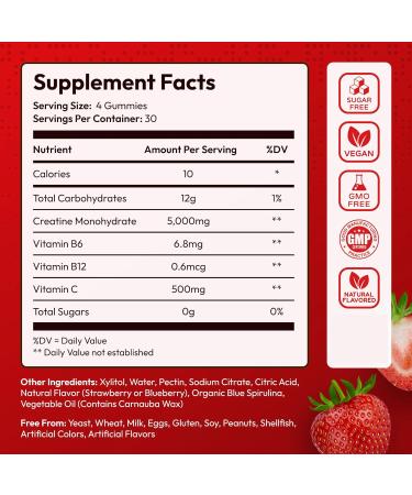Premium Select Nutrition Creatine Gummies 5000mg for Strength & Muscle Tasty Gains in Every 5g Chew ugar Free for Men & Women Monohydrate Pre-Workout & Recovery Supplement 120 Gummies - Strawberry - Buy Online on GoSupps.com
