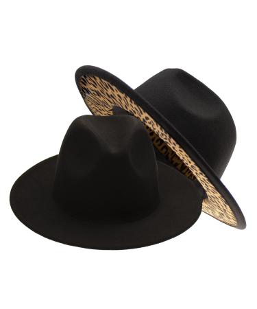 UTOWO Two-Tone Felt-Fedora-Panama-Hats-for-Women-Men, Wide Brim Black & Leopard Patchwork Fedora Jazz Cap Outer Black / Leopard Bottom (1pc) 7 1/4