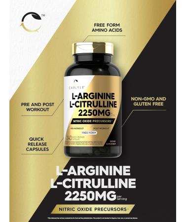 Carlyle L-Arginine L-Citrulline Supplement | 2250mg | 240 Powder Capsules | Nitric Oxide Precursors | Free Form | Non-GMO & Gluten Free - Buy Online on GoSupps.com