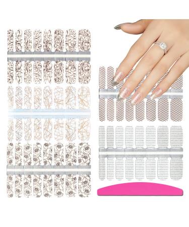 SILPECWEE 5 Sheets Rose Gold Nail Polish Strips Stickers Tips Glitter Flower with 1Pc Nail File Adhesive Full Nail Wraps Manicure Kit No3