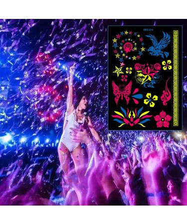 Neon Temporary Tattoos - 8 Large Sheets, Glow UV Body Shimmer, Black Light Reactive, Butterfly, Flower, Feather Designs - Perfect for Women, Girls, Parties - Buy Online on GoSupps.com