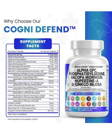 Brain Boost Supplement - Alpha GPC Choline 300mg, Phosphatidylserine 3000mg, Bacopa Monnieri 6000mg, Ginkgo Biloba 2000mg, Huperzine A 400mcg with L-Theanine, Uridine, Lions Mane, Cats Claw, NAC, Vitamin C, B, D, E - Made in USA - Buy Online on GoSupps.com