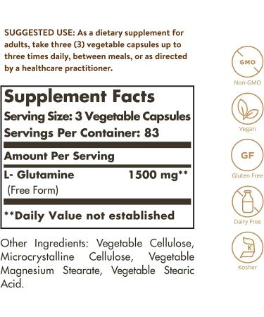 Solgar L-Glutamine 500 mg - 250 Vegetable Capsules for Muscle Recovery & Gut Health - Buy Online on GoSupps.com