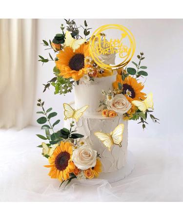 Sunflower Rose Flower Cake Decorations Butterfly Cake Topper with Artificial Eucalyptus and Happy Birthday Topper for Summer Sunflower Wedding Party Decorations Baby Shower Supplies (Sunflower) - Buy Online on GoSupps.com