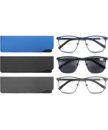 MODFANS 3 Pack Reading Glasses for Men - Blue Light Filter Metal Rectangle Frames Stainless Steel - Black Grey Blue +2.25 - Buy Online on GoSupps.com