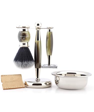Jag Men's Shaving Set Double Edge Safety Razor Black Synthetic Hair Brush Stand Bowl and Leather Case for Safety Razor