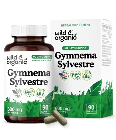 Wild & Organic Gymnema Sylvestre Capsules 600 mg - Overall Support - Gymnema Sylvestre Supplements - Gurmar Leaf Powder - 90 Days of Supply - Vegan No Fillers Non-GMO - 90 Count 90 Count (Pack of 1)