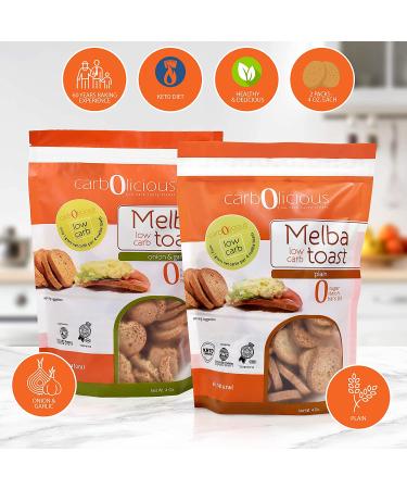Carb-o-licious Low Carb Melba Toast 2-Pack - Sugar Free Keto Snack - 1 Net Carb - Kosher Friendly - Crunchy Healthy Bites - Plain & Onion Garlic Flavors - 4oz Each - Buy Online on GoSupps.com