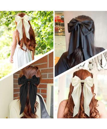 BAIYSFFG Big Bow Hair Clips with Long Silky Satin 2PCS Solid Color French Barrette Simple Hair Fastener Accessories for Women Girls Black White - Buy Online on GoSupps.com