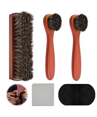 Shoe Brush Set Horsehair Brushes Shoe Cleaning Brush Set:Horse Hair Shoe Brush 3pcs+Plush Polishing Glove 1 Pc.Shoe Polish Brushes Horsehair Bristles Brushes for Boots Shoes Car Seats Sofas