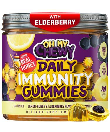OH MY CHEWY Elderberry Gummies Immunity Support - Real Honey and Lemon Immune Supplement for Kids & Teens with Vitamin C Echinacea and Zinc - 60 CT