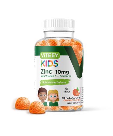 60 Count Zinc 10MG Gummies with Vitamin C & Echinacea Formulated for Kids 3 in 1 Healthy Immune Support Herbal Dietary Supplement, Gelatin Free, Vegan Pectin Based, Orange Flavor Chewable Gummy 60 Count (Pack of 1)