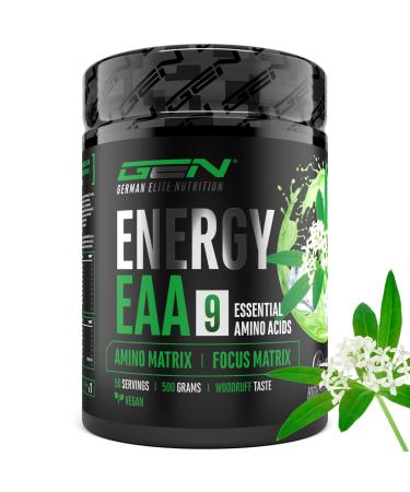 EAA Energy Mix - 500 g - Amino Matrix + Focus Matrix - Sugar Free Energy Drinks - With Caffeine Taurine Guarana N-Acetyl-L-Tyrosine - Pre Workout Booster - Vegan (Woodruff Flavor)