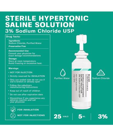Base Labs 3% Hypertonic Saline Solution for Nebulizer Machine - 25 Vials, 5ml Unit Dose l Kids & Adults | Respiratory Relief & Nasal Hygiene | Clears Lungs & Congestion - Buy Online on GoSupps.com