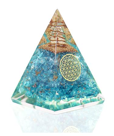 Inspirational Aquamarine Crystal Orgone Pyramid- Copper COIL Raw Clear Quartz Crystals Pyramid - Aquamarine Gemstone Chakra Pyramid - Crystal Healing Throat Chakra Stone of Courage Stress Relaxation