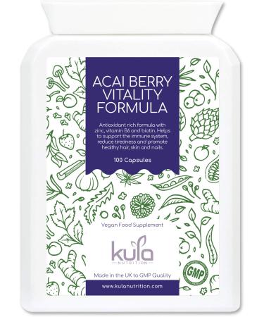 Acai Berry Vitality Boost - Antioxidant Rich Health Food Supplement with Organic Moringa Oleifera Beetroot Pomegranate Zinc Vitamin B6 Resveratrol and Biotin - 100 Vegan Capsules 100 Tablets