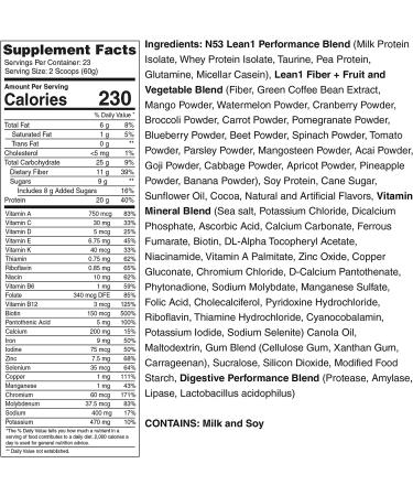 Nutrition 53 LEAN1 Chocolate Protein Powder Meal Replacement Shakes - Lactose & Gluten Free with Green Coffee Bean Extract - 23 Servings (48.7 oz) - Buy Online on GoSupps.com