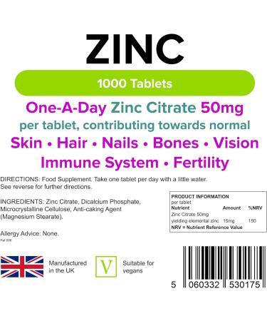 Lindens Zinc Citrate 50mg Tablets - 1000 Pack | High Strength 150% NRV Dose | Supports Skin, Hair, Nails, Bones, Vision, Immune System & Fertility | 1000 Count - Buy Online on GoSupps.com