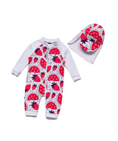BONVERANO Baby Girl Swimsuits/Sunsuits UPF 50+ Sun Protection One Pieces Full-Length Zipper with Sun Cap 12 Months Strawberry