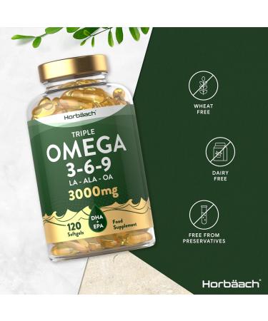 High Strength Omega 3 6 9 Capsules | 3000mg | 120 Softgels | Triple Omega 369 with EPA DHA & ALA | Fish Oil Flaxseed Sunflower | Horbaach - Buy Online on GoSupps.com