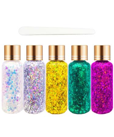 Body Face Glitter Gel SUPGIFT 5 Colors 7.8oz Holographic Chunky Laser Mermaid Liquid Glitter Sequins Glue for Makeup Eyeshadow Hair Nail Slime Craft Resin with Spoon multicolored - 1 5 Colors